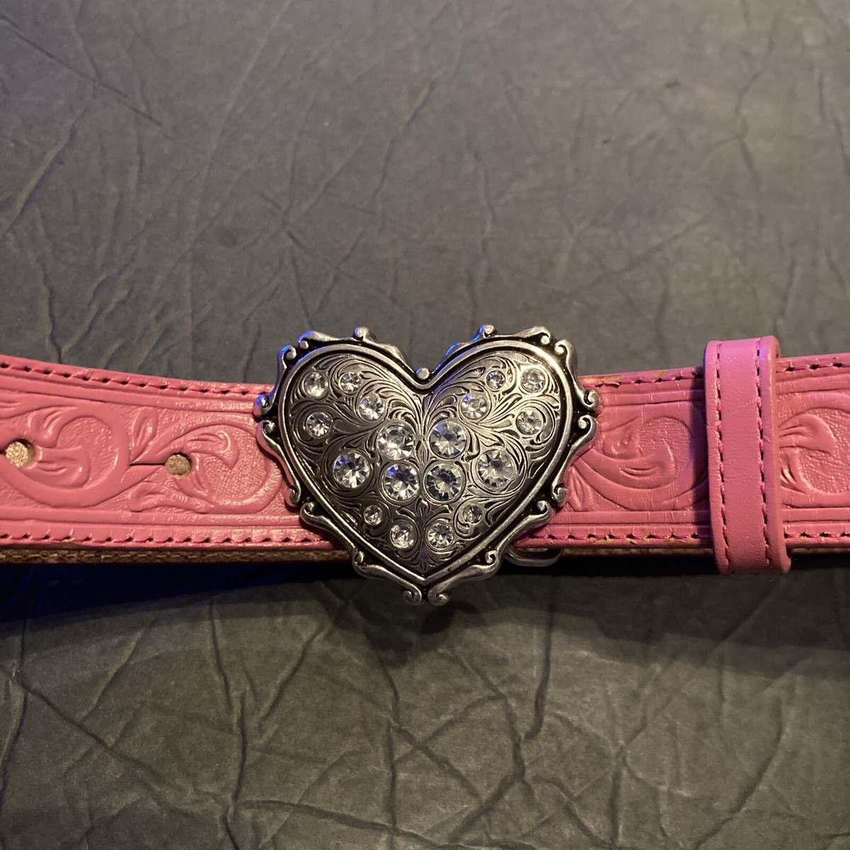 Justin Boots Women's Sz 28 Pink Leather Tooled Belt Rhinestone Studded Heart