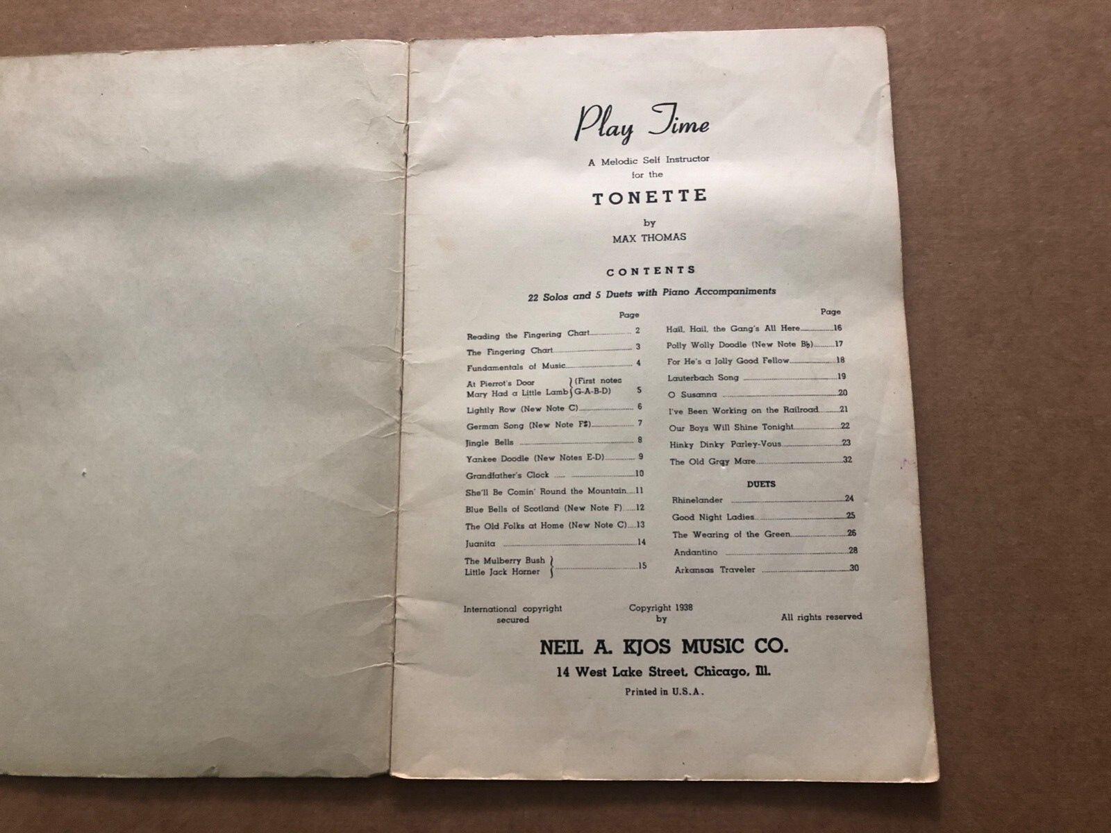 Vintage 1938 PLAY TIME Self Instructor TONETTE Sheet Music Song Book Max Thomas