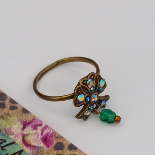 Michal Negrin Ring Dainty Green Bead Charm Sparkly AB Crystals 6.75 Bow Romantic - Picture 14 of 14