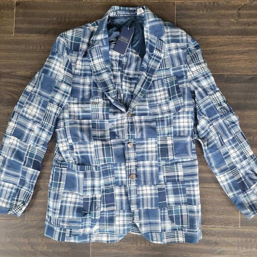Polo Ralph Lauren Mens Patchwork Plaid Madras Cotton 3 Button Blazer Blue 44L