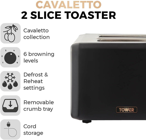 Tower T20036RG Cavaletto 2-Slice Toaster with Defrost/Reheat, Stainless Steel - Picture 2 of 12