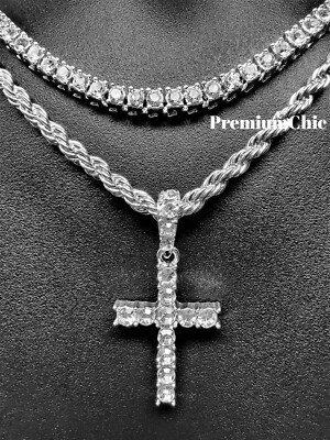 3pc Set, Tennis Choker, Rope Chain, Cross Pendant Mens Plated Hip