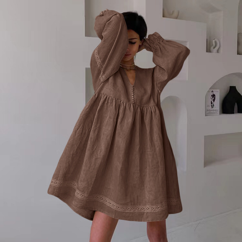 New summer Women's Casual Loose Solid Color V-Neck Lantern Long Sleeved Dress - Picture 4 of 12