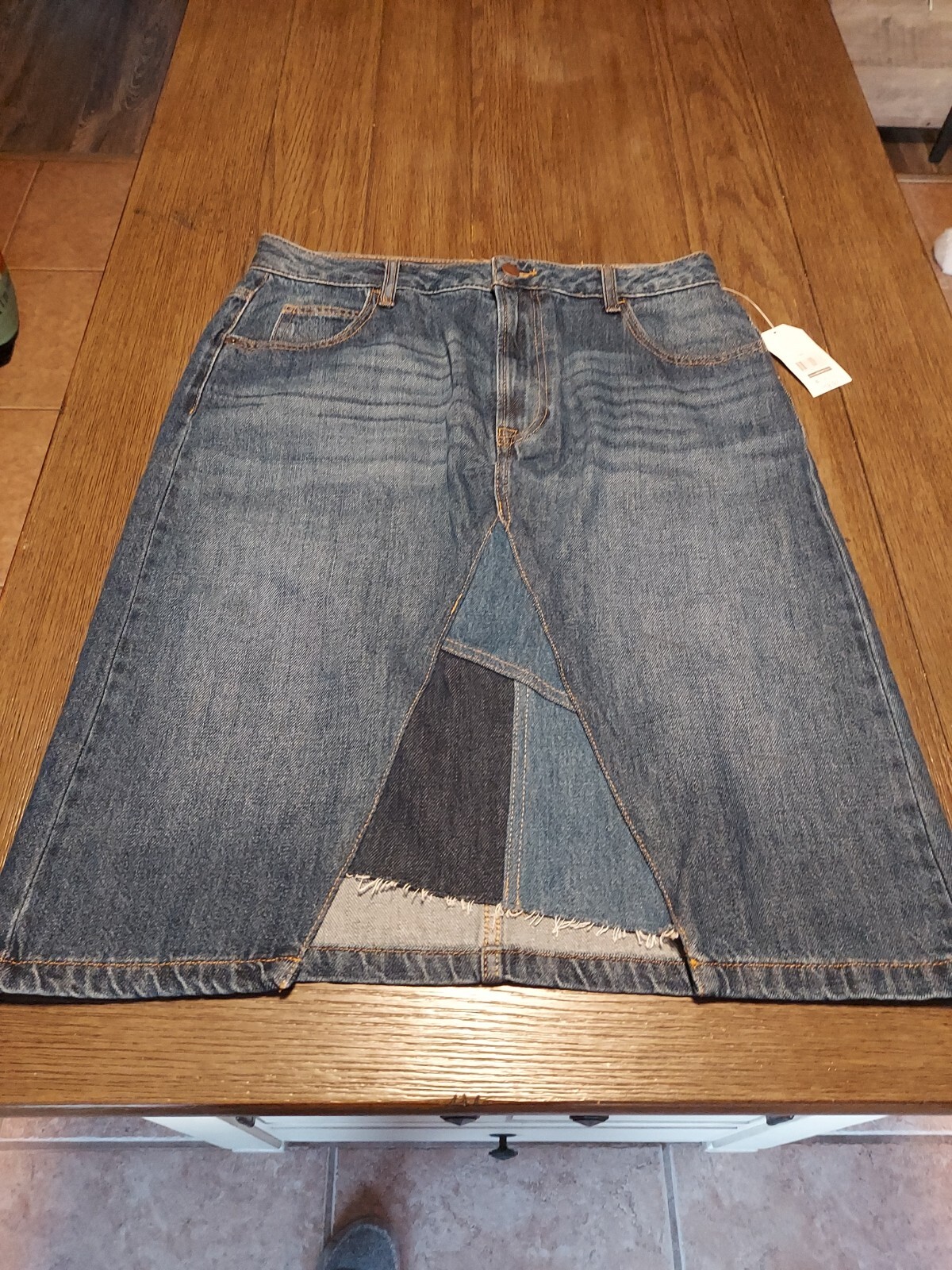 Time and Tru Womens Long Patchwork Denim Skirt with Pockets Size 12 New
