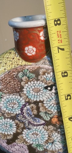 Japanese Satsuma Enamel Moon Flask Vase, Orange and Yellow Floral Decorated - Picture 9 of 10