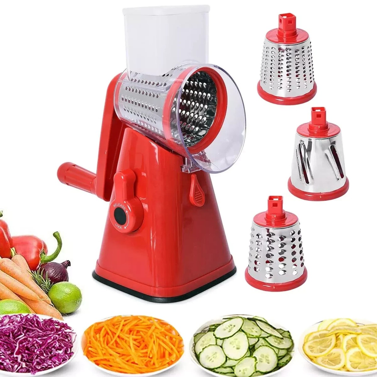 3-in-1 Rotary Cheese Grater & Food Slicer - Easy To Clean Kitchen Grater For Cheese, Vegetables, Fruits, Nuts