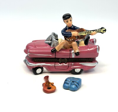 Porcelain Hinged Trinket Box Elvis Presley Pink Convertible Guitar & Shoes