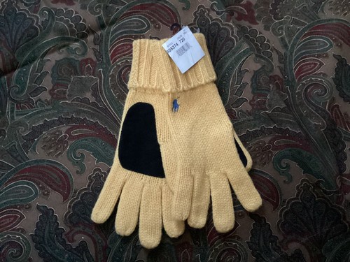 Ralph Lauren Polo Player Logo Golden Yellow Lambswool & Black Suede Knit Gloves - Picture 7 of 7