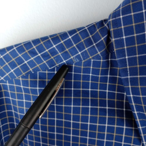 Duluth Trading Long Sleeve Shirt Men L Blue Check Pocket Button Up Small Stain - Picture 6 of 12