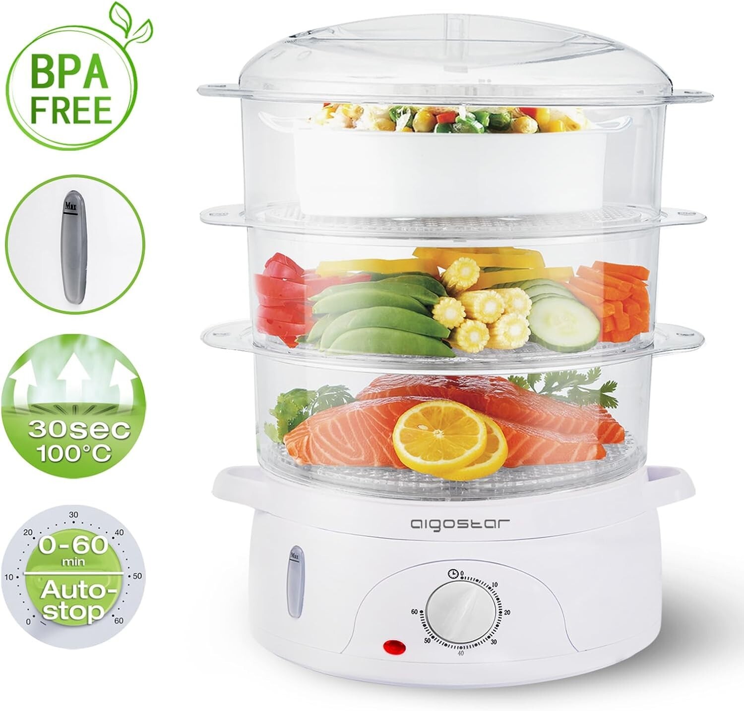 Aigostar 3 Tier Food Steamer, BPA Free, 9 Litre, 60 Minute Timer, 800W