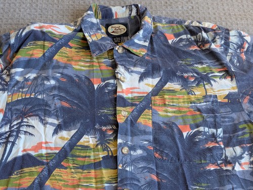 Camicia Tommy Bahama adulto grande blu palma tramonto cotone rayon manica corta - Foto 2 di 11