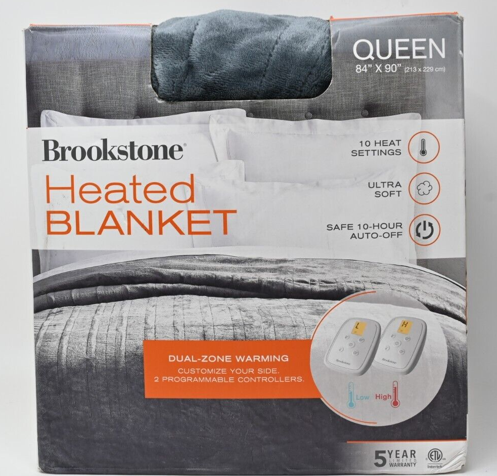 Brookstone Dual-Zone Queen Heated Blanket Grey 84u0026#034; x 90u0026#034;, 10  Settings/2 Remotes | eBay