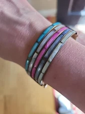 Vintage Mother Of Pearl Brass Hinged Bracelet Pink Blue Purple Tones