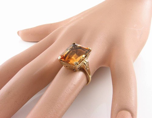 LARGE 9K 9CT GOLD NATURAL CITRINE EMERALD CUT 15mm x 12mm ART DECO INS RING - Picture 5 of 6