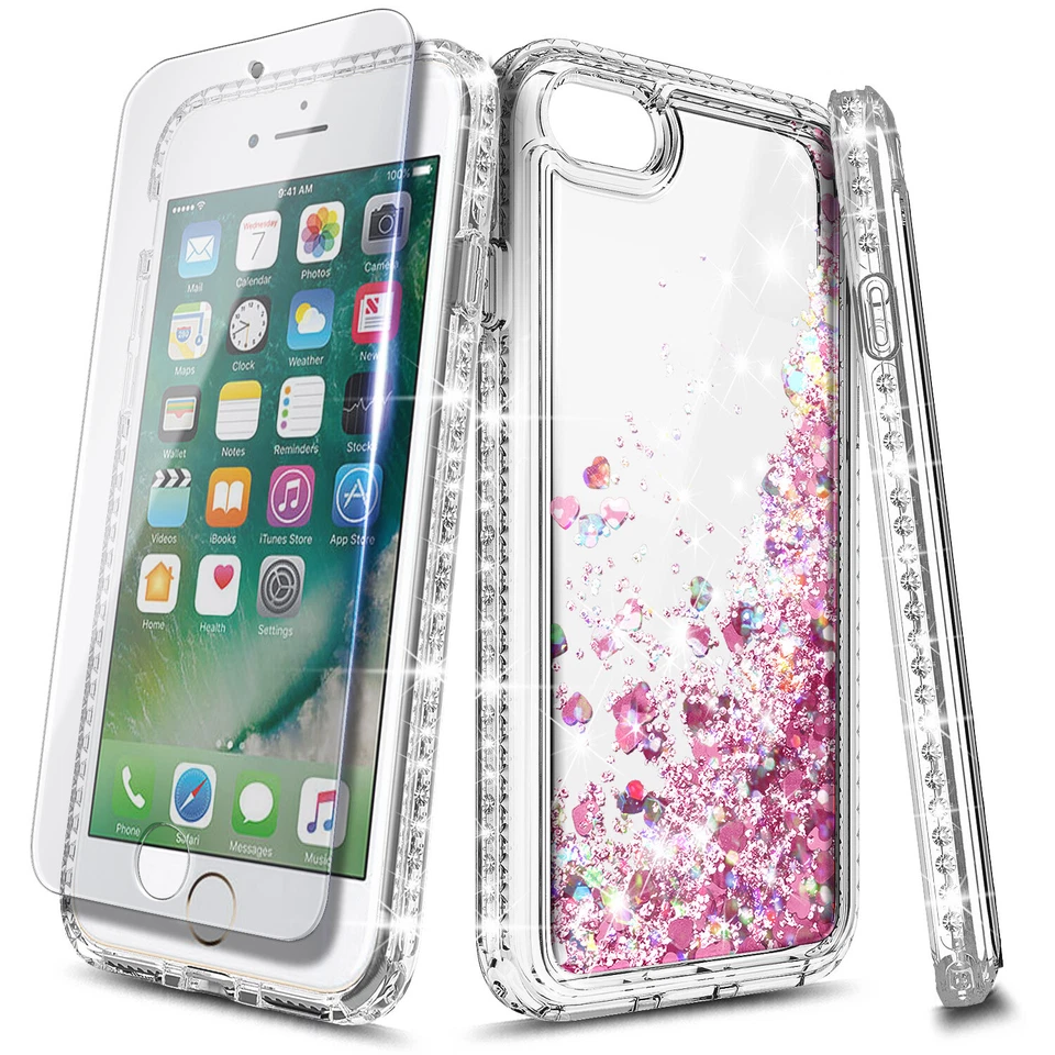 Funda para iPhone 6 6s 7 8 Plus Brillo Líquido Brillante Cubierta Transparente + Protector de Pantalla Foto 2 de 4