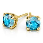 Sterling Silver Gold Plated Stud Earring Real Blue Topaz Round Cut Gemstone 925