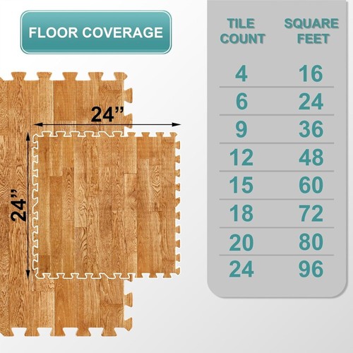 Wood Grain EVA Foam Mats – 3/8" Thick Interlocking Floor Tiles, 48 Sq. Ft. Set