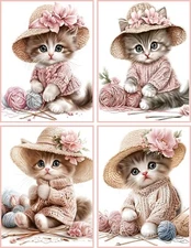 8 Cat Kitten Kitty Shabby Chic with hats yarn glossy blank fold out note card