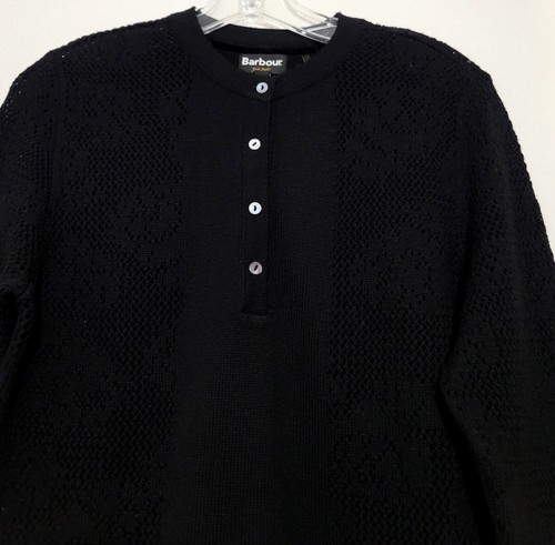 Barbour Gold Label Sweater Womens Sz 12 Black Lazer Cut Lace Henley Merino Wool - Picture 5 of 12