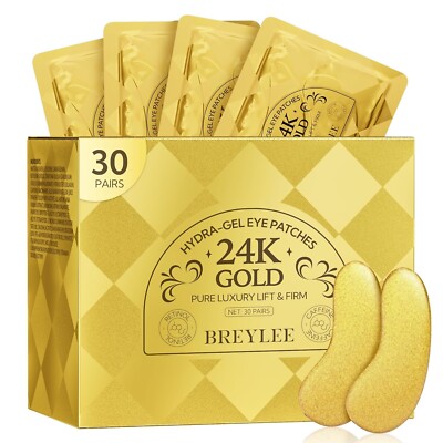 24K Gold Eye Masks Improve and Firm eye Skin, Pure Natural Extract (30 Pairs)