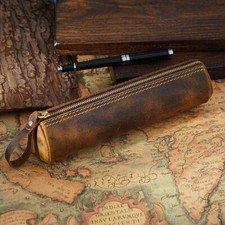 Handmade Cowhide Leather Pencil Pouch Zipper Pen Case Stationery Box Makeup Bag