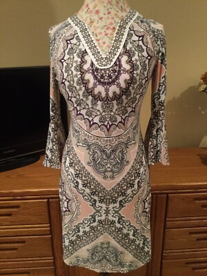Boston Proper Paisley Dress Bell Sleeves Nice Colors & Beautiful Fit EUC Size 4
