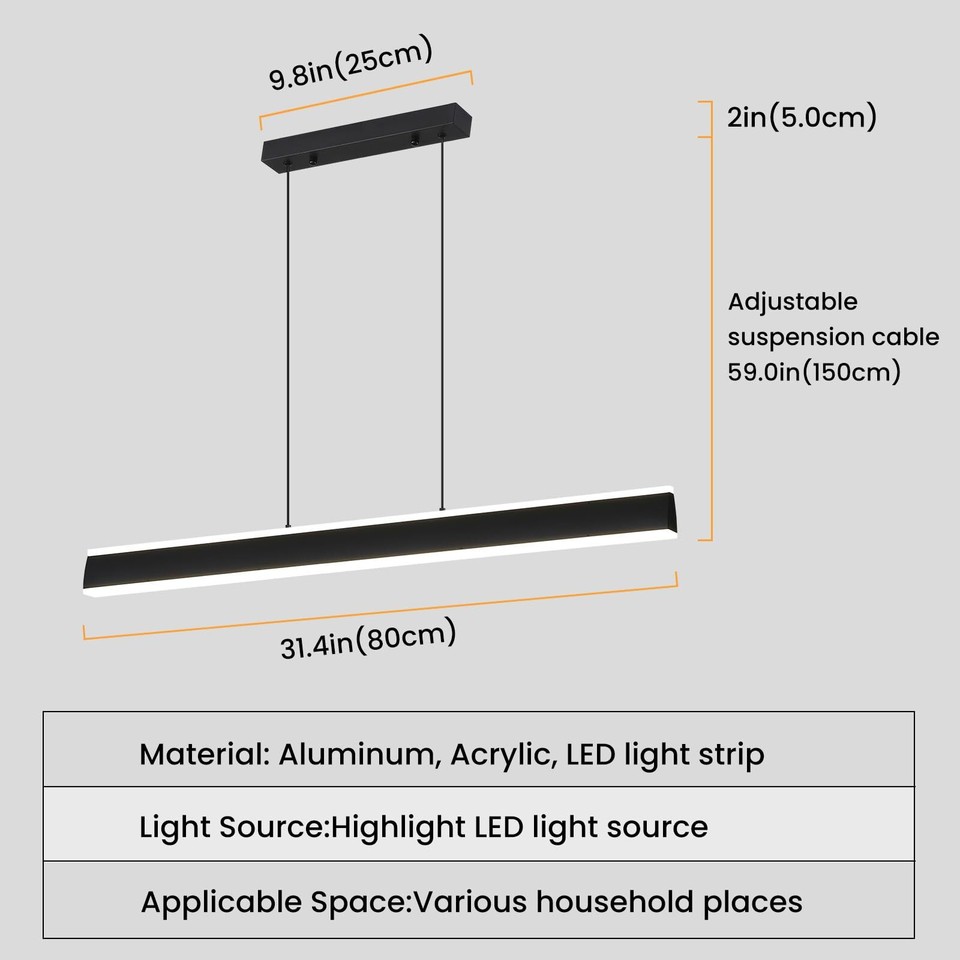 31" Linear Pendant Light Fixtures, Dimmable LED Chandeliers for Dining