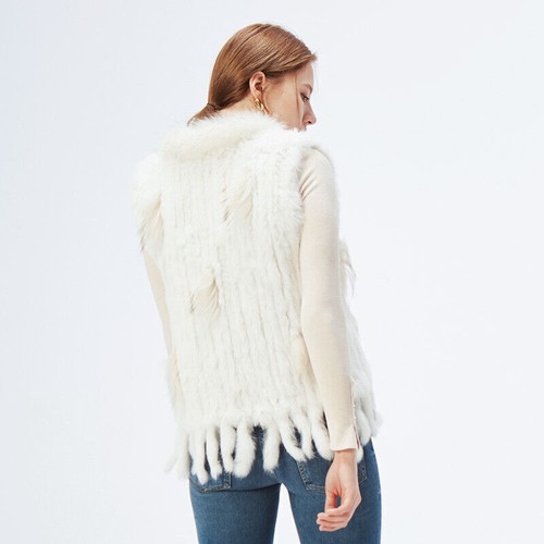 Women's Real Rabbit Fur Vest Gilet Tassels Raccoon Fur Coat Knitted Waistcoat - Picture 8 of 23
