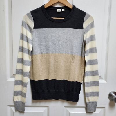 Gap Sweater Womens S Gray Multi Striped Merino Wool Blend Knit Crew Long Sleeve