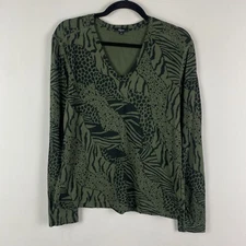 Rails Green Animal Print Long Sleeve T Shirt Size Medium V Neck Cotton Modal