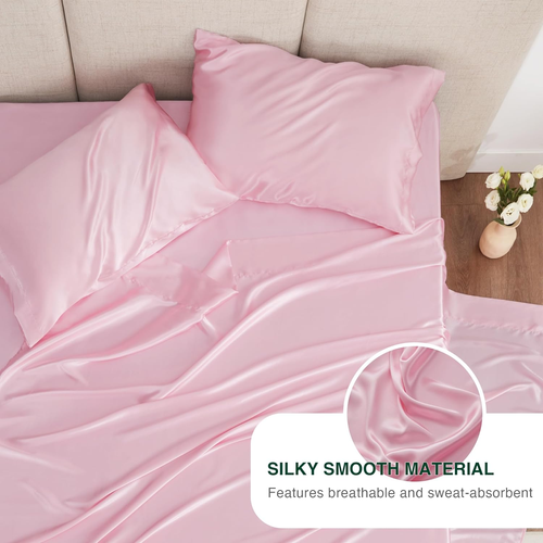 Satin Queen Sheets Set - 4 Piece Pink Silky Bed Sheets Set with Deep Pocket, Lux - Picture 3 of 12