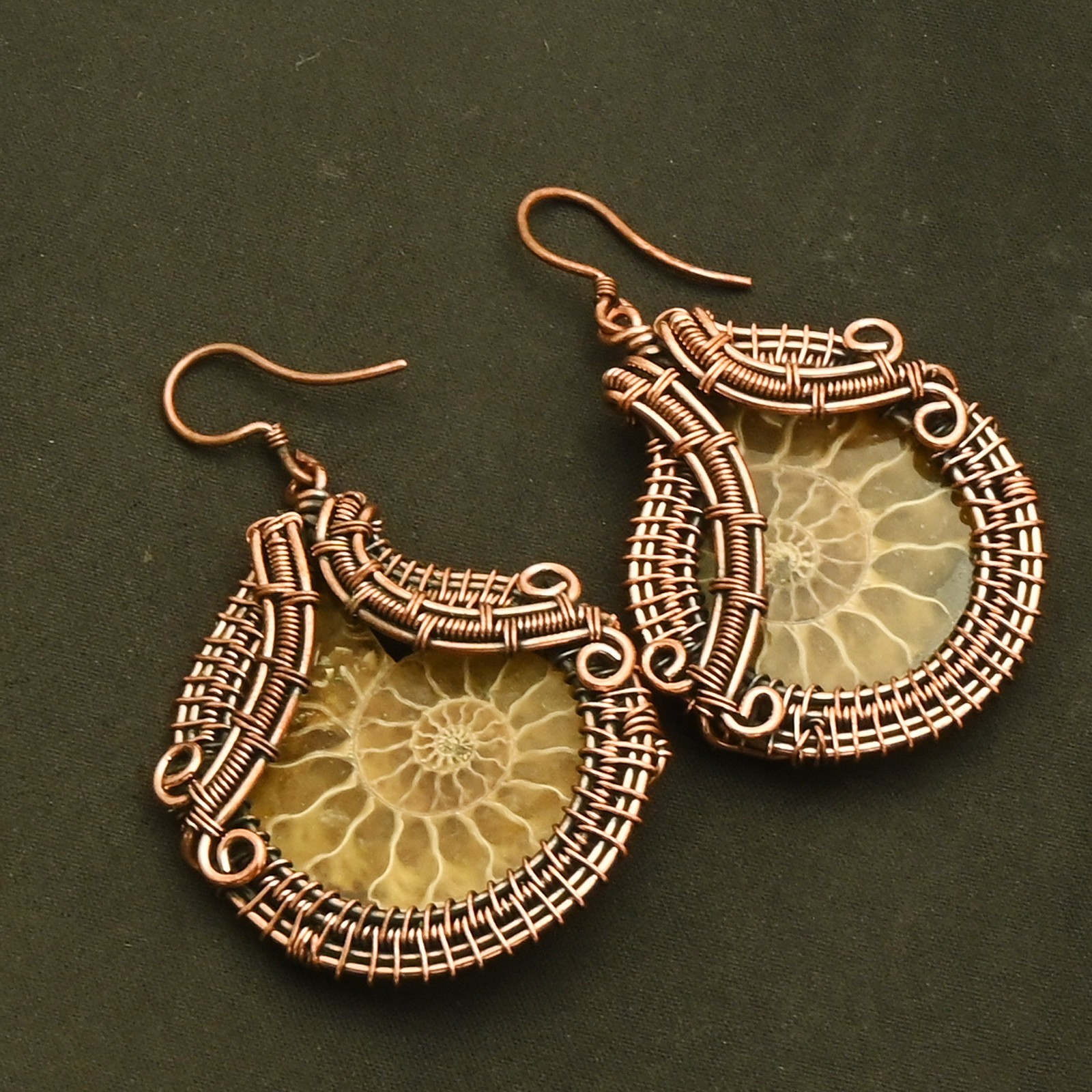 Ammonite Fossil Gemstone Drop Dangle Copper Wire Earrings Jewelry 2.2