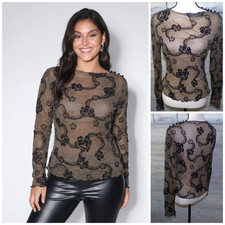 Y2k Black Sheer Mesh Top S Burnout Floral Long Whimsigoth Grunge Romantic Goth