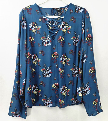Rue 21 Women's Top Long Sleeve Keyhole Criss Cross Neck Blue Floral sz XL