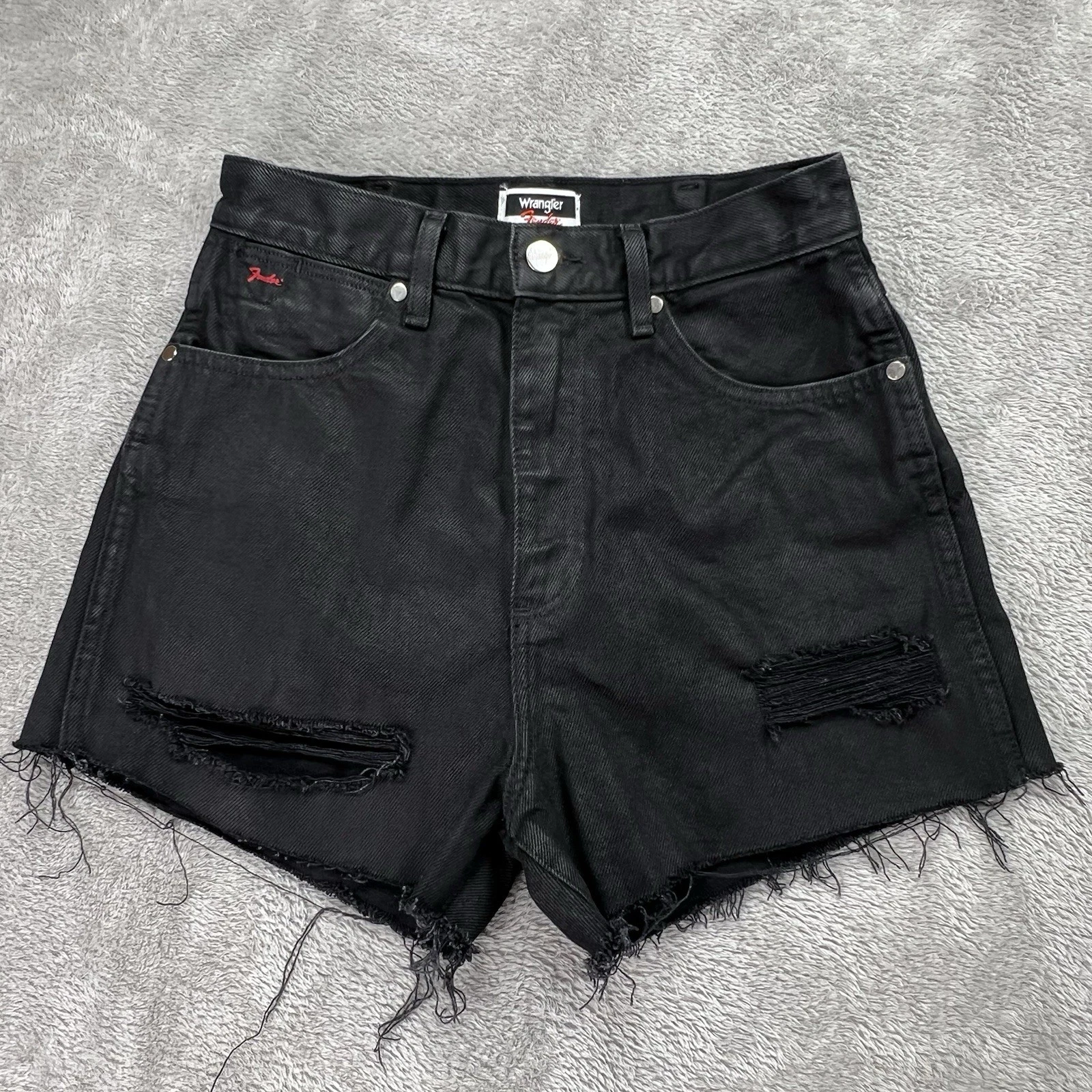 Wrangler x Fender Denim Shorts Womens 28 Black High Rise Distressed Festival