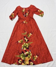 Vintage Reef Hawaii Floral Hostess Gown Dress Red Hibiscus Maxi Barkcloth XS/S