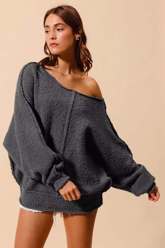 SO ME Loose Fit Exposed Seam Slouchy Boucle Sweater