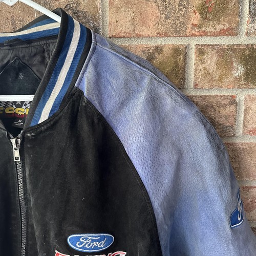Ford Racing Jacke Herren XL schwarz blau NASCAR Wildleder Varsity Bomber kariertes Logo - Bild 3 von 14