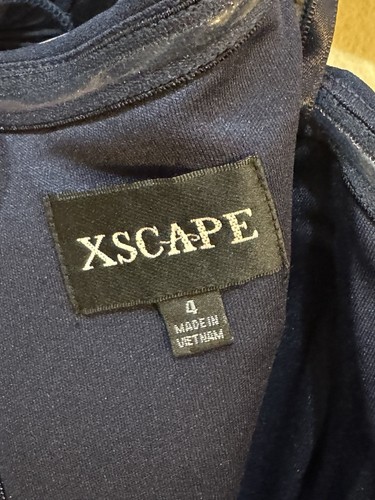 XSCAPE Navy ROSETTE Off the Shoulder RUFFLE Sleeve RUCHED Waist GOWN Size 4 - Picture 8 of 11
