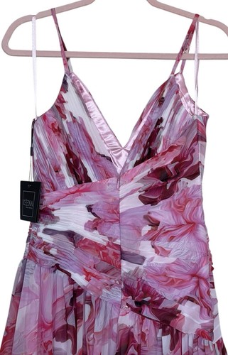 Vestido Ieena Mac Duggal para mujer talla 2 rosa púrpura rojo floral cuello en V abertura - Imagen 6 de 9