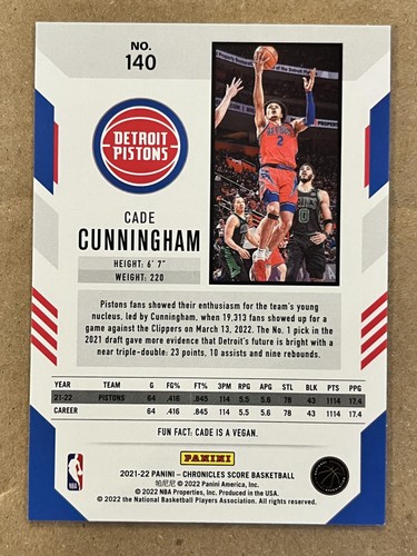 Cade Cunningham 2021-22 Panini Chronicles Score #140 RC - Imagen 2 de 2