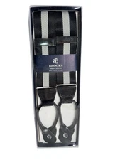 NEW Brooks Brothers Suspenders Braces Black & Gray Stripe Leather Silver Tone