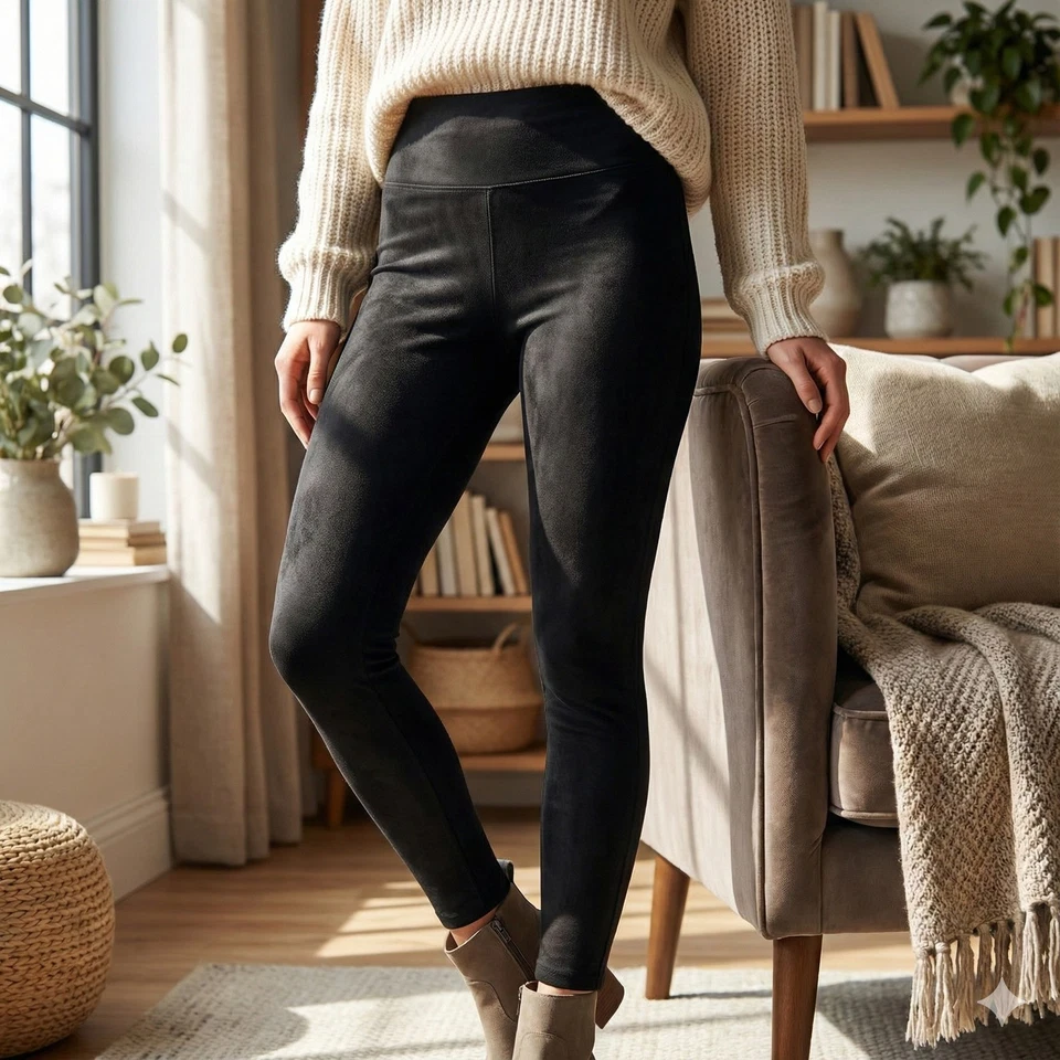 Legging feminina Seven7 camurça sintética M preta cintura alta elástica slim fit nova com etiquetas - Imagem 2 de 4