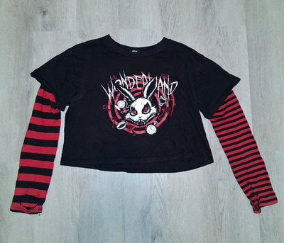 Gothic Emo Wonderland Rabbit Red and Black Striped Layered Long Sleeve T-Shirt L