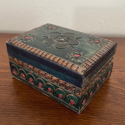 Handcarved Wood Box Hinged Lid Tinket Box Small Jewelry Wooden Carved Painted