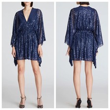 Halston Mini Dress Navy Blue Catalina Sequin V Neck Caftan Cocktail $425 size 2