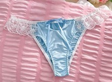 Soft Lt. Blue Satiny Ruffled Floral Lace Front Tie Bikini Panties XL NEW