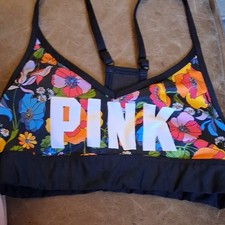 PINK Floral Multicolor/Black Crossback Wireless Sports Bra Small Support S A