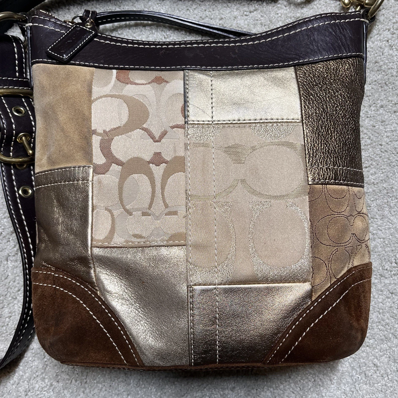 Borsa Coach vintage firmata patchwork pelle oro marrone scamosciata tracolla