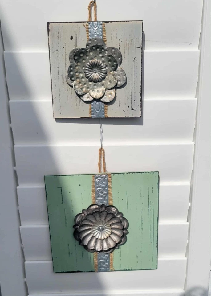 Galvanized Dimensional Metal Flower on MDF Board, 2-PC Rustic Floral Wall Decor - Image 2 of 4